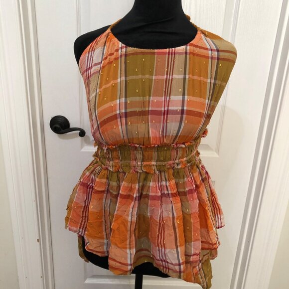 NWT Aerie Plaid Ruffle Mini Dress XS Lurex Thread Tassel Halter Neck – Chic - Picture 6 of 8